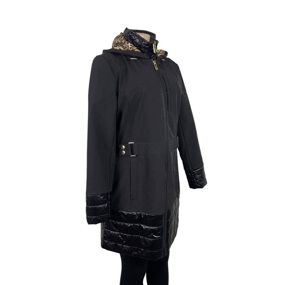 Via Spiga Black Quilted Hooded Coat With Golden Detail & Leopard Lining Szize S - Picture 5 of 13
